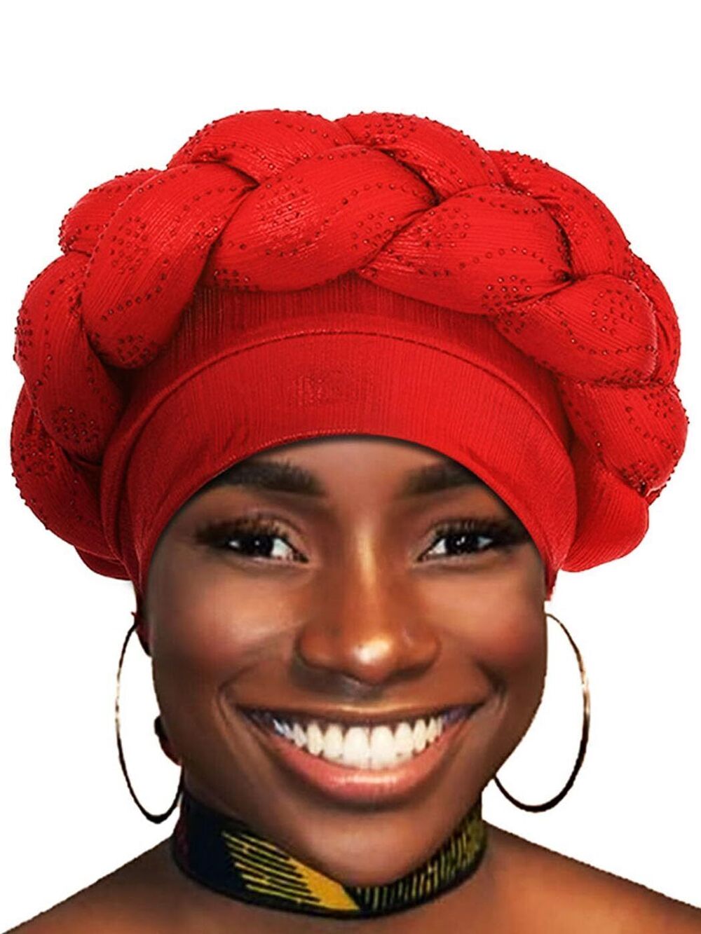 8519 African Turban Head Wrap Red Braid Beanie Cap Headwear Crystals